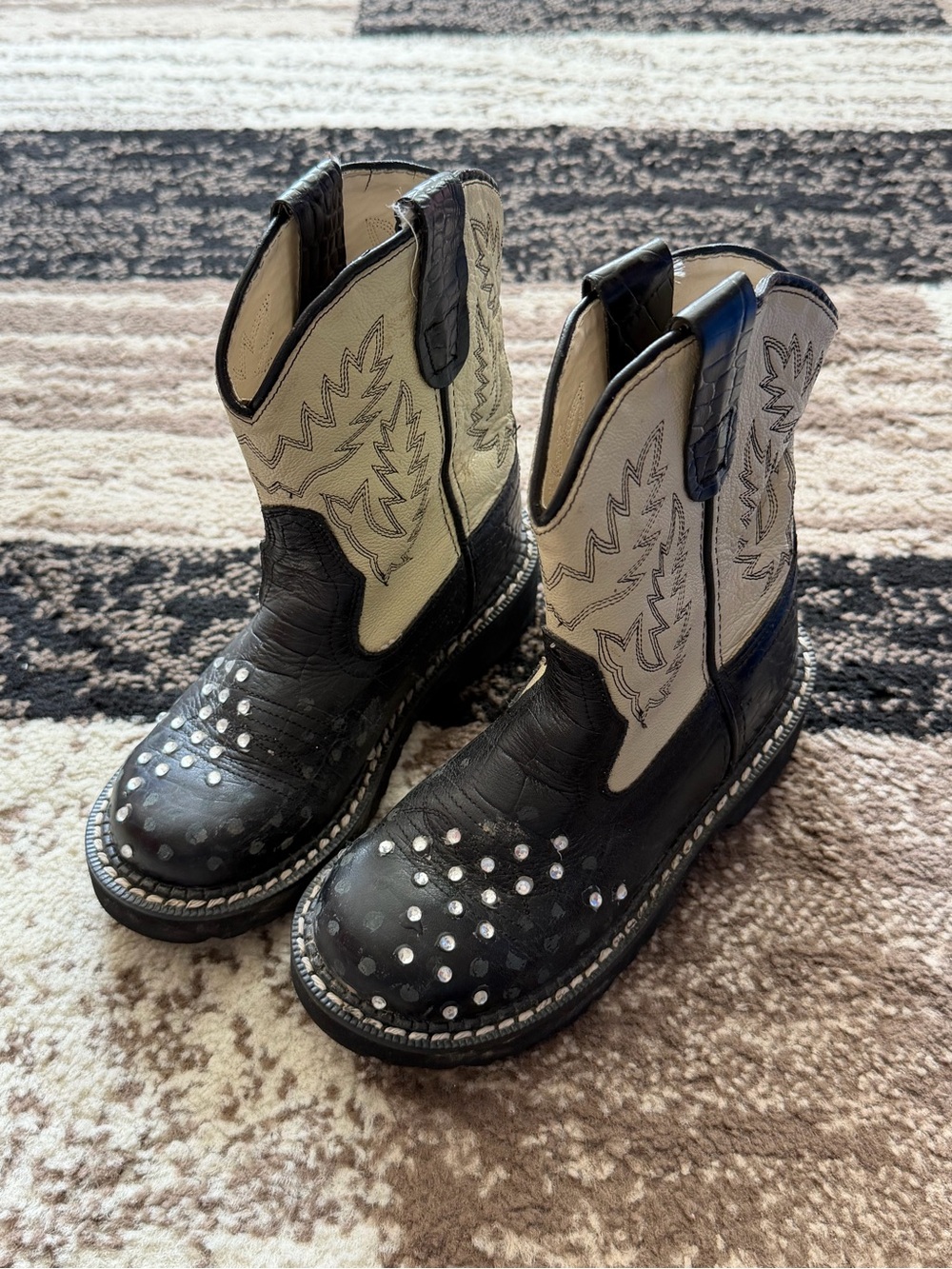 Old West Black and Cream Kids Western Studded Boots